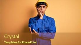  Presentation with african american presenter - Slides featuring young-handsome-african-american-worker background and a tawny brown colored foreground