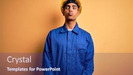  Presentation with worker - PPT theme with young-handsome-african-american-worker background and a navy blue colored foreground