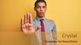  Presentation with sing - Slide set with young handsome arab businessman wearing shirt and tie over isolated yellow background doing stop sing with palm of the hand warning expression with negative and serious gesture on the face background and a gold colored foreground