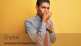  Presentation with bad breath - Theme having young handsome arab businessman wearing shirt and tie over isolated yellow background smelling something stinky and disgusting intolerable smell holding breath with fingers on nose bad smells background and a red colored foreground