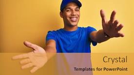  Presentation with hug - Colorful slide deck enhanced with young-handsome-arab-delivery-man backdrop and a gold colored foreground