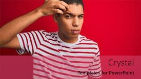  Presentation with acne - Amazing slide set having young handsome arab man wearing striped t-shirt over isolated red background pointing unhappy to pimple on forehead ugly infection of blackhead acne and skin problem backdrop and a red colored foreground