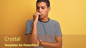  Presentation with navy - Presentation theme consisting of young handsome arab man wearing navy striped t-shirt over isolated yellow background looking stressed and nervous with hands on mouth biting nails anxiety problem background and a red colored foreground