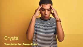  Presentation with navy - Amazing presentation theme having young handsome arab man wearing navy striped t-shirt over isolated yellow background with hand on head for pain in head because stress suffering migraine backdrop and a red colored foreground