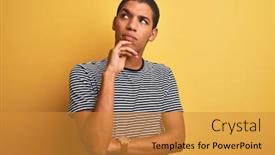  Presentation with navy - Beautiful presentation design featuring young handsome arab man wearing navy striped t-shirt over isolated yellow background with hand on chin thinking about question pensive expression smiling with thoughtful face doubt concept backdrop and a gold colored foreground