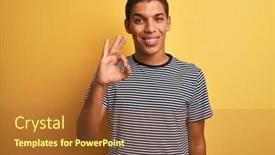  Presentation with navy - Cool new slides with young handsome arab man wearing navy striped t-shirt over isolated yellow background smiling positive doing ok sign with hand and fingers successful expression backdrop and a tawny brown colored foreground
