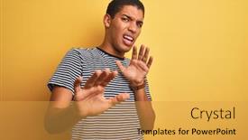  Presentation with navy - Theme enhanced with young handsome arab man wearing navy striped t-shirt over isolated yellow background afraid and terrified with fear expression stop gesture with hands shouting in shock panic concept background and a yellow colored foreground