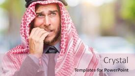 Presentation with anxiety - Beautiful slides featuring young handsome arabian man with long hair wearing keffiyeh over isolated background looking stressed and nervous with hands on mouth biting nails anxiety problem backdrop and a lemonade colored foreground