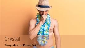  Presentation with hawaiian - Beautiful PPT theme featuring young-handsome-bald-man-shirtless backdrop and a coral colored foreground