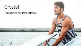  Presentation with motor - Slide deck with young handsome bearded sailor man background and a white colored foreground