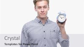  Presentation with clock face - Presentation theme enhanced with young handsome blond man holding alarm clock with a confident expression on smart face thinking serious background and a light gray colored foreground