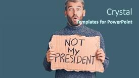  Presentation with president - Cool new PPT theme with young-handsome-blond-man-holding backdrop and a ocean colored foreground