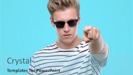  Presentation with finger - Slides with young handsome blond man wearing sunglasess pointing with finger to the camera and to you hand sign positive and confident gesture from the front background and a light blue colored foreground
