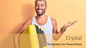  Presentation with cabin - Colorful PPT theme enhanced with young-handsome-blond-tourist-man backdrop and a yellow colored foreground