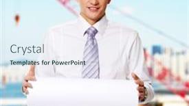  Presentation with builder - Beautiful slides featuring project cargo - young handsome builder backdrop and a sky blue colored foreground