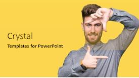  Presentation with business casual - Cool new slide set with young handsome business casual man smiling making frame with hands and fingers with happy face creativity and photography concept backdrop and a yellow colored foreground