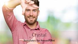  Presentation with business casual - Slide set consisting of young handsome business casual man smiling making frame with hands and fingers with happy face creativity and photography concept background and a coral colored foreground