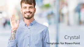  Presentation with business hello - PPT theme having business man over isolated background background and a light blue colored foreground