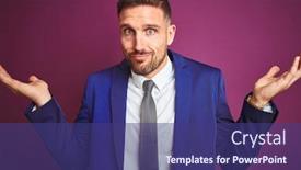  Presentation with purple business - Audience pleasing presentation theme consisting of young handsome business man over purple isolated background clueless and confused expression with arms and hands raised doubt concept backdrop and a violet colored foreground