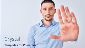 Presentation with sing - Beautiful presentation design featuring young handsome business man standing over isolated background doing stop sing with palm of the hand warning expression with negative and serious gesture on the face backdrop and a sky blue colored foreground