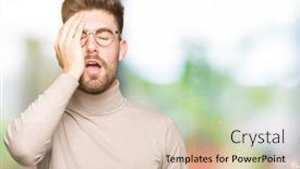  Presentation with face pain - Presentation theme with young handsome business man wearing glasses yawning tired covering half face eye and mouth with hand face hurts in pain background and a lemonade colored foreground