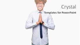  Presentation with forgiveness - Presentation design having young handsome business man with afro wearing glasses praying with hands together asking for forgiveness smiling confident background and a white colored foreground