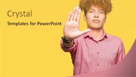  Presentation with sing - Presentation theme consisting of young handsome business man with afro hair doing stop sing with palm of the hand warning expression with negative and serious gesture on the face background and a yellow colored foreground