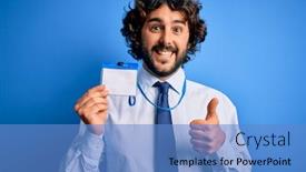  Presentation with identification card - Colorful presentation theme enhanced with young-handsome-business-man backdrop and a teal colored foreground