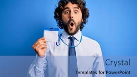  Presentation with identification card - Beautiful PPT theme featuring young-handsome-business-man backdrop and a light blue colored foreground