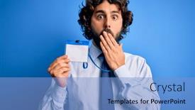  Presentation with identification card - Colorful presentation theme enhanced with young-handsome-business-man backdrop and a light blue colored foreground