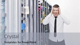  Presentation with datacenter - Audience pleasing PPT theme consisting of young handsome business man it engeneer in datacenter server room backdrop and a light gray colored foreground