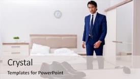  Presentation with new balance shoes - Cool new slide deck with young handsome businessman choosing shoes backdrop and a lemonade colored foreground