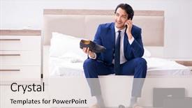  Presentation with closet - Colorful presentation design enhanced with young handsome businessman choosing shoes backdrop and a sky blue colored foreground