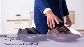  Presentation with shoes - Amazing slide set having young handsome businessman choosing shoes at home backdrop and a light blue colored foreground