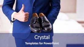  Presentation with closet - Audience pleasing presentation design consisting of young handsome businessman choosing shoes backdrop and a navy blue colored foreground