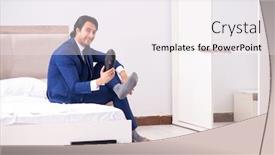  Presentation with shoes - Presentation design enhanced with young handsome businessman choosing shoes at home background and a sky blue colored foreground