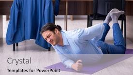  Presentation with exercises - Slide set enhanced with young handsome businessman doing exercises at workplace background and a light gray colored foreground