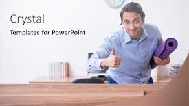  Presentation with exercises - PPT layouts featuring young handsome businessman doing exercises at workplace background and a sky blue colored foreground