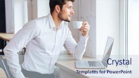  Presentation with coffee - Theme having young handsome businessman drinking coffee background and a  colored foreground