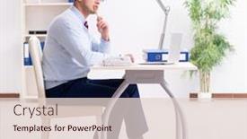  Presentation with employee - Beautiful slide deck featuring young handsome businessman employee working in office at desk backdrop and a lemonade colored foreground