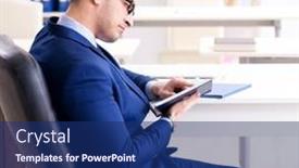  Presentation with employee - Beautiful PPT layouts featuring young-handsome-businessman-employee-working backdrop and a navy blue colored foreground