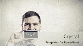 Presentation with mouth - Audience pleasing PPT theme consisting of young handsome businessman hiding mouth behind mobile phone backdrop and a light gray colored foreground