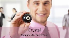  Presentation with billiard - Presentation featuring young handsome businessman holding billiard background and a coral colored foreground