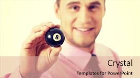  Presentation with billiard - Colorful presentation enhanced with young handsome businessman holding billiard ball backdrop and a coral colored foreground