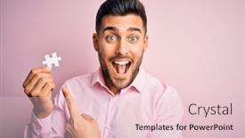  Presentation with hand holding puzzle piece - Slide deck featuring young-handsome-businessman-holding-piece background and a lemonade colored foreground