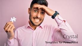  Presentation with hand holding puzzle piece - Colorful presentation design enhanced with young-handsome-businessman-holding-piece backdrop and a lemonade colored foreground