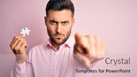  Presentation with hand holding puzzle piece - Colorful presentation theme enhanced with young-handsome-businessman-holding-piece backdrop and a lemonade colored foreground