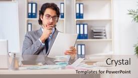  Presentation with budget - PPT theme featuring young handsome businessman in budget background and a soft green colored foreground