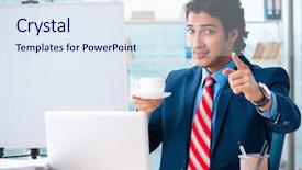  Presentation with greek column front - Presentation theme featuring young handsome businessman in front background and a sky blue colored foreground