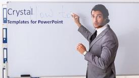  Presentation with whiteboard - Slide deck enhanced with young handsome businessman in front of whiteboard background and a sky blue colored foreground